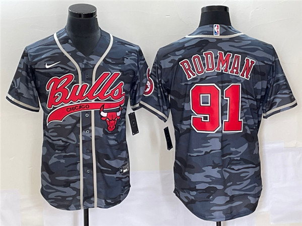 Men's Chicago Bulls #91 Dennis Rodman Gray Camo Cool Base Stitched Baseball Jersey